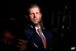 FILE - Eric Trump appears in the spin room after a presidential debate in Philadelphia, Pennsylvania, Sept. 10, 2024.